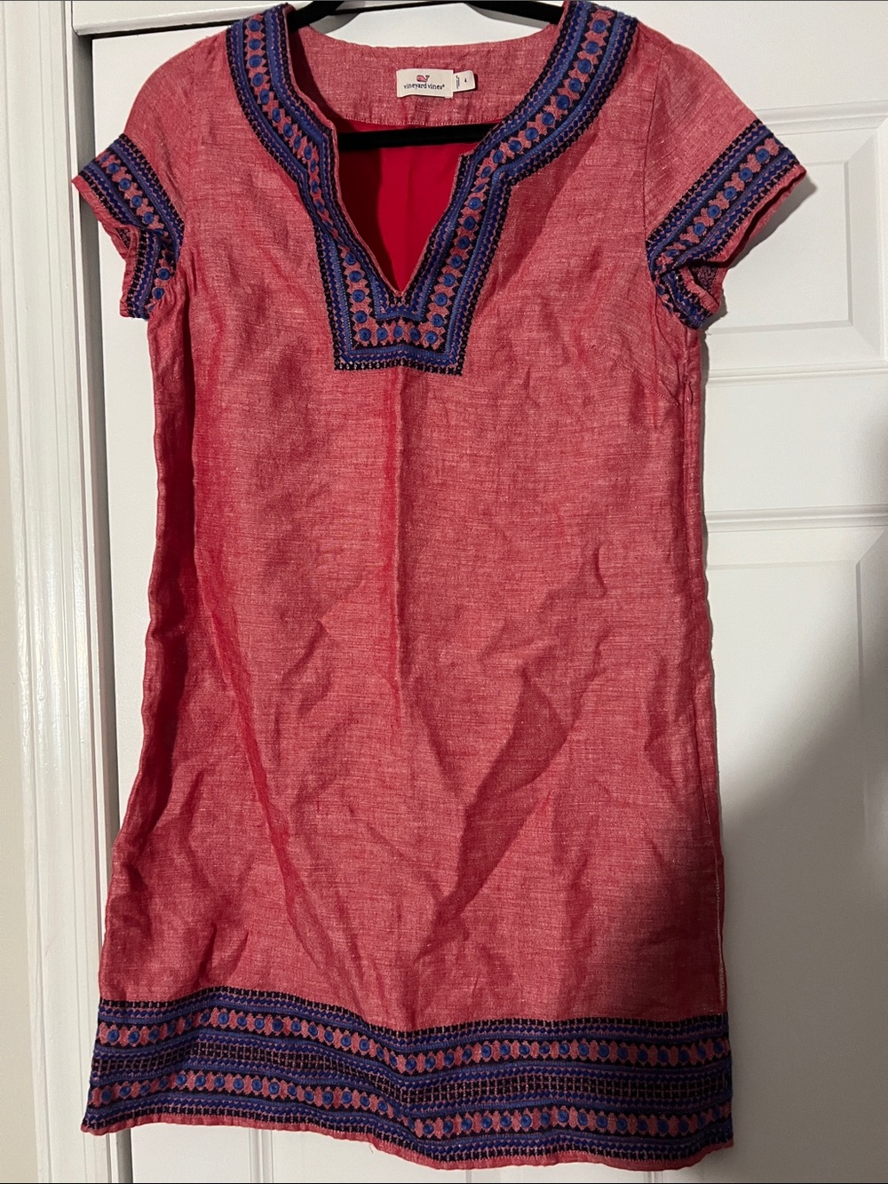 Vineyard Vines Pink Tunic Dress with Blue Embroidery